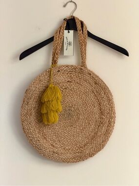 Round Natural Jute Tote with Mustard Tassel
